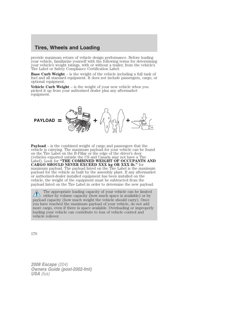 Tires, wheels and loading | FORD 2008 Escape v.3 User Manual | Page 170 / 304