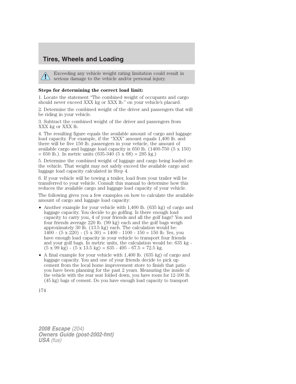 Tires, wheels and loading | FORD 2008 Escape v.3 User Manual | Page 174 / 304