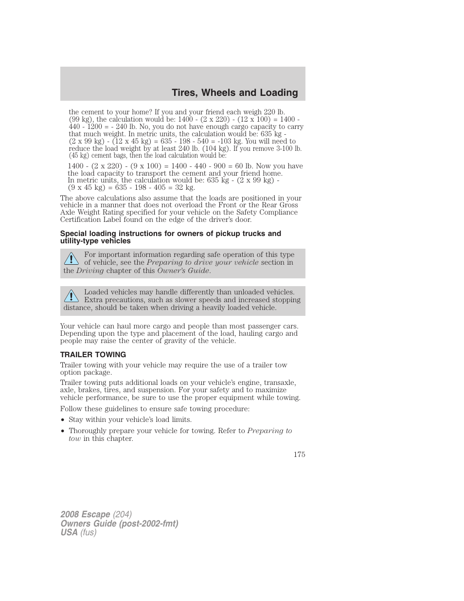 Trailer towing, Tires, wheels and loading | FORD 2008 Escape v.3 User Manual | Page 175 / 304