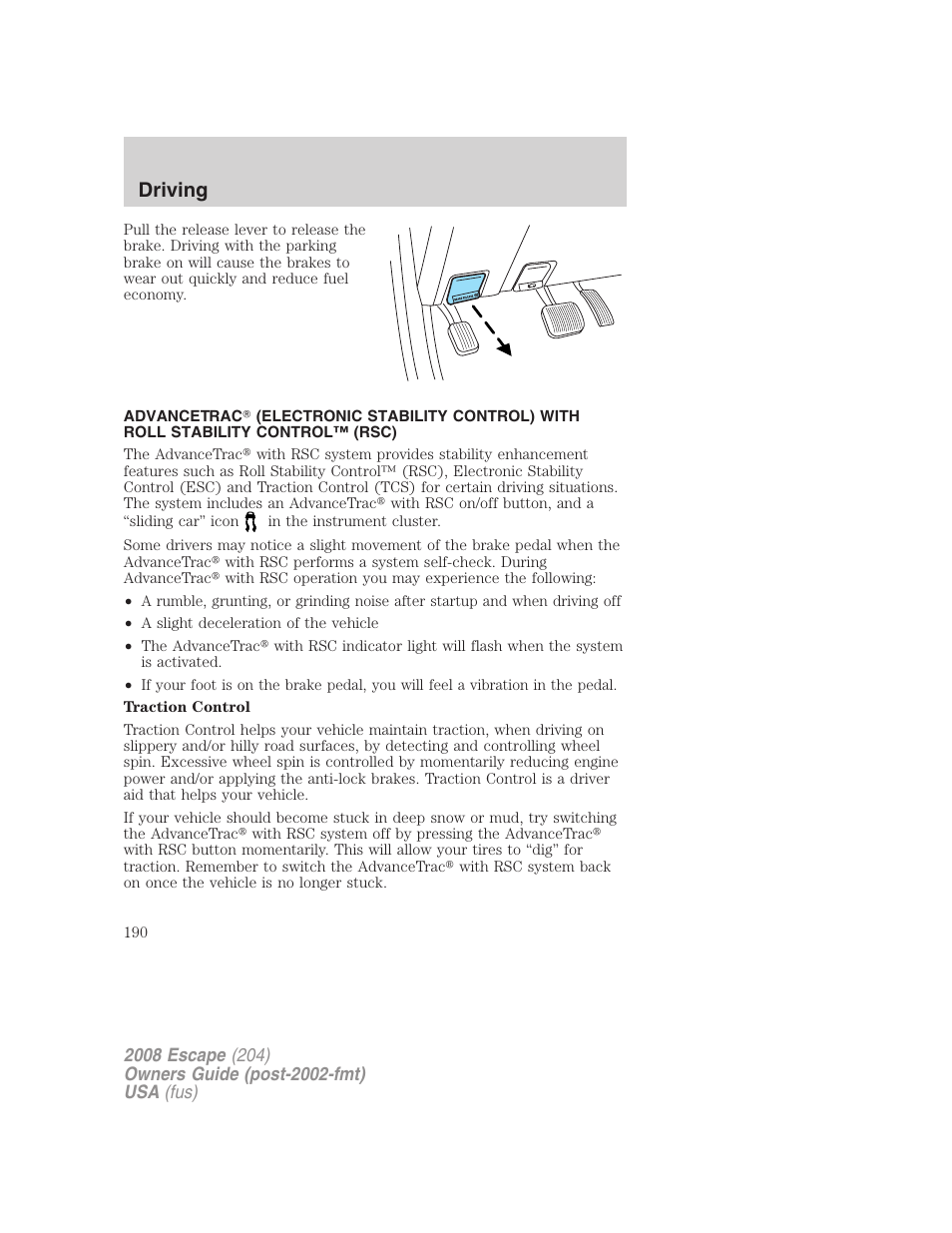 Traction control™/advancetrac, Driving | FORD 2008 Escape v.3 User Manual | Page 190 / 304