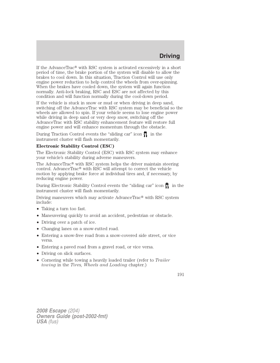Driving | FORD 2008 Escape v.3 User Manual | Page 191 / 304