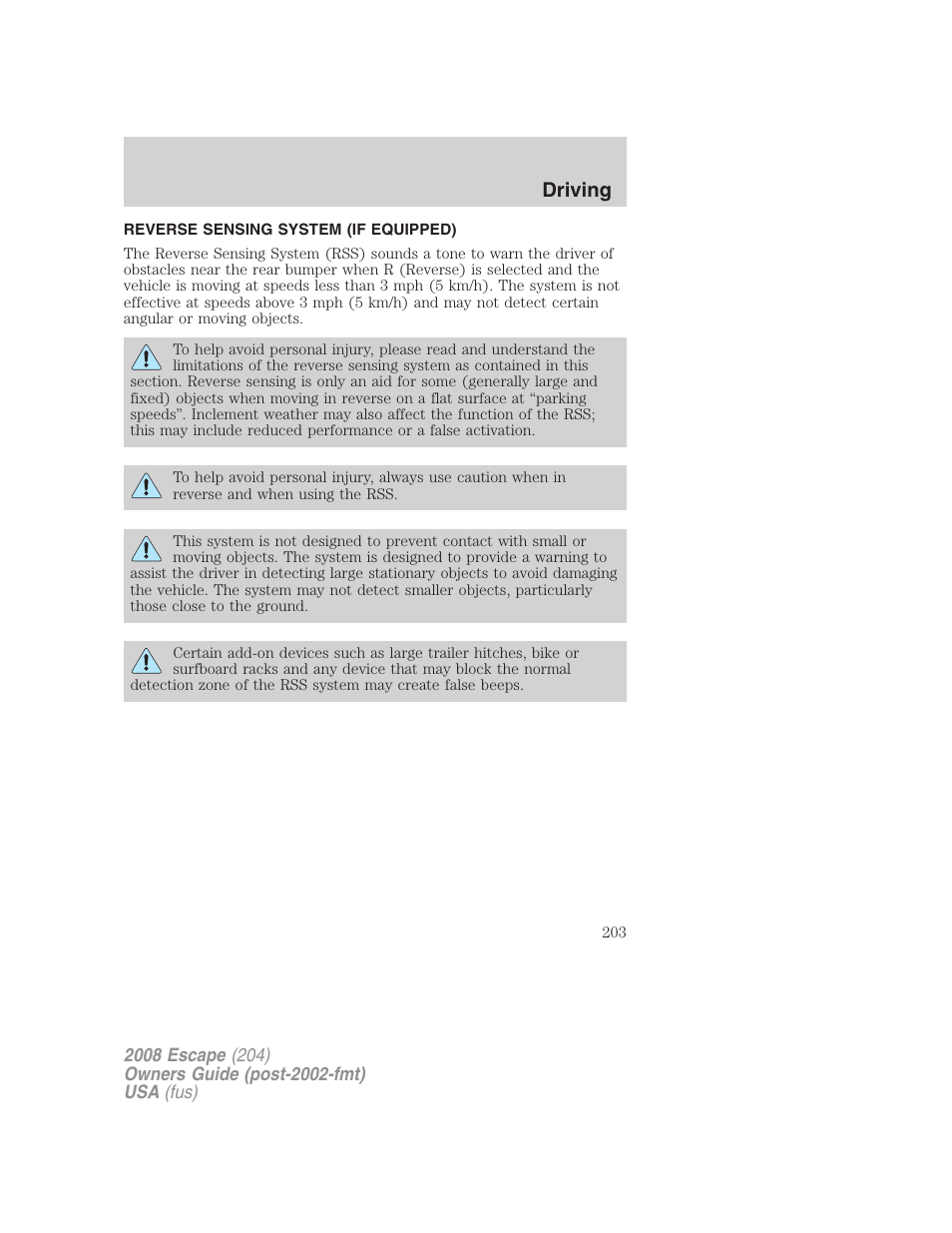 Reverse sensing system (if equipped), Driving | FORD 2008 Escape v.3 User Manual | Page 203 / 304