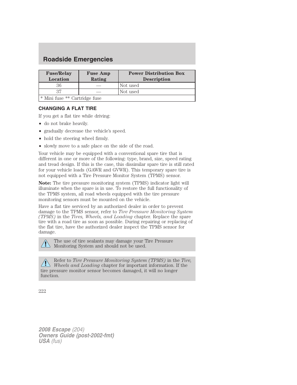 Changing a flat tire, Changing tires, Roadside emergencies | FORD 2008 Escape v.3 User Manual | Page 222 / 304