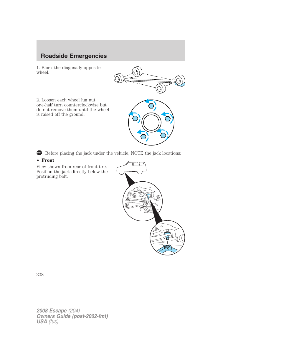 Roadside emergencies | FORD 2008 Escape v.3 User Manual | Page 228 / 304