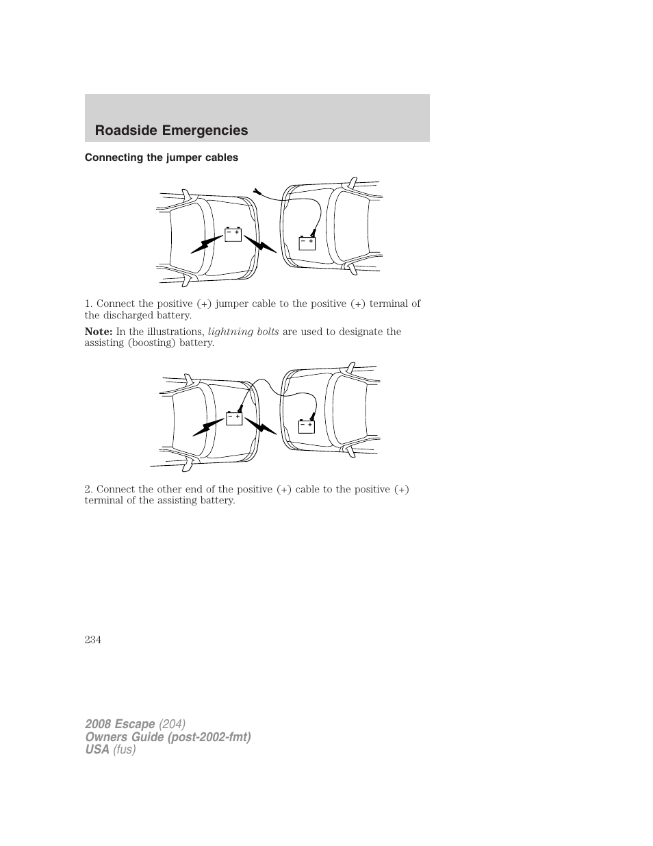 Connecting the jumper cables, Roadside emergencies | FORD 2008 Escape v.3 User Manual | Page 234 / 304