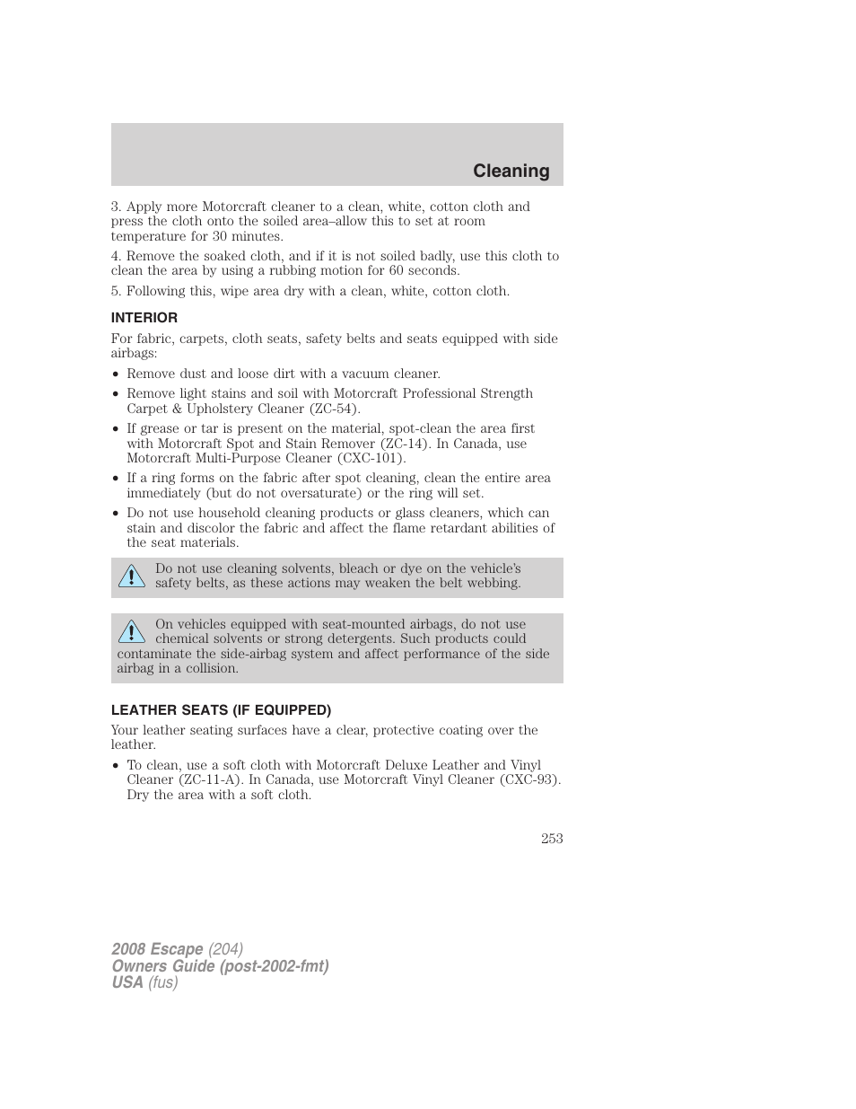 Interior, Leather seats (if equipped), Cleaning | FORD 2008 Escape v.3 User Manual | Page 253 / 304