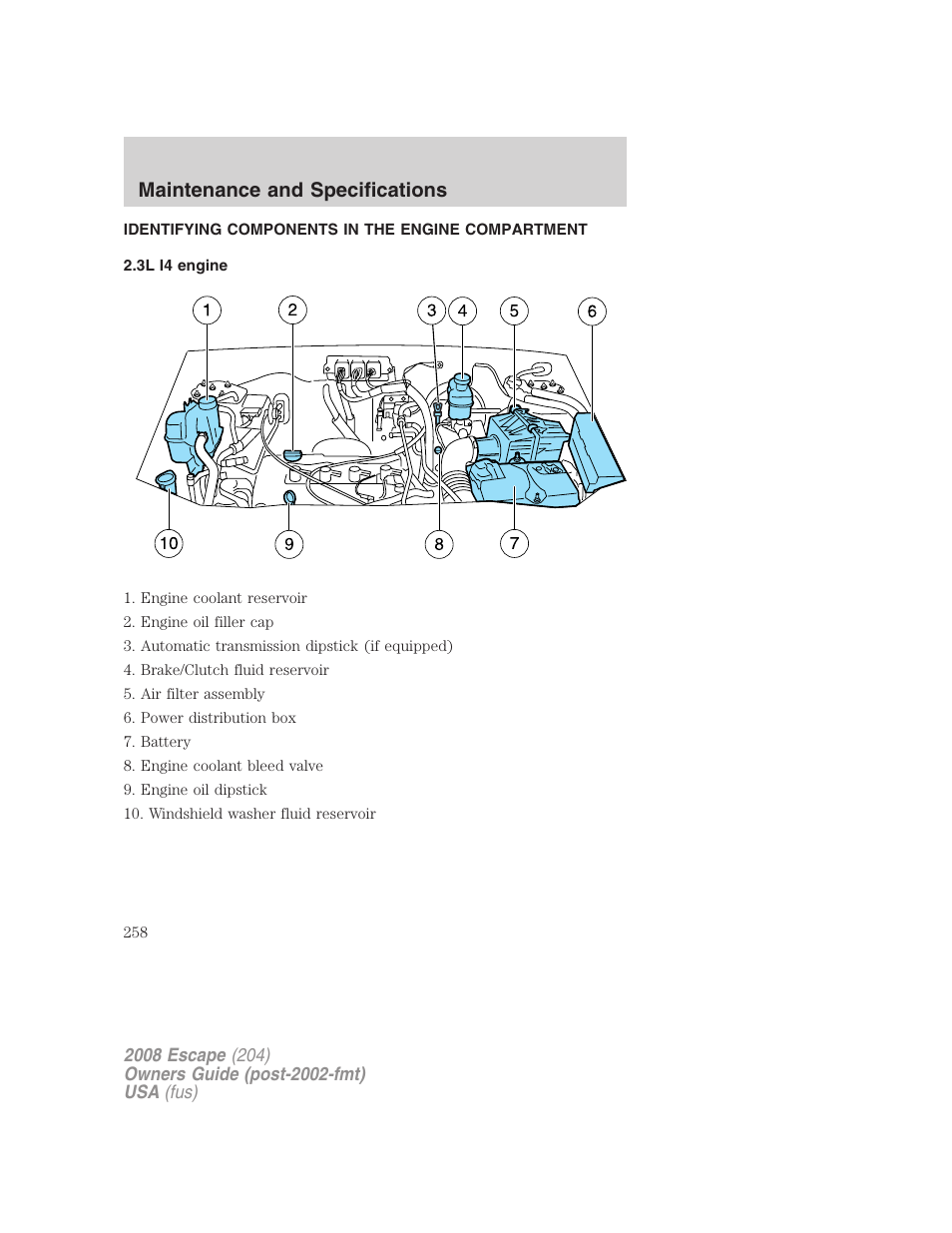 Identifying components in the engine compartment, 3l i4 engine, Engine compartment | Maintenance and specifications | FORD 2008 Escape v.3 User Manual | Page 258 / 304
