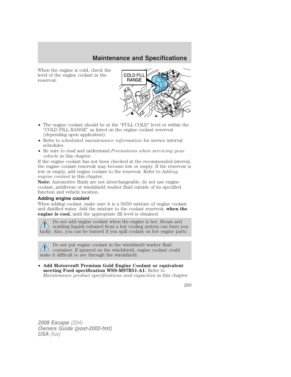 Adding engine coolant, Maintenance and specifications | FORD 2008 Escape v.3 User Manual | Page 269 / 304