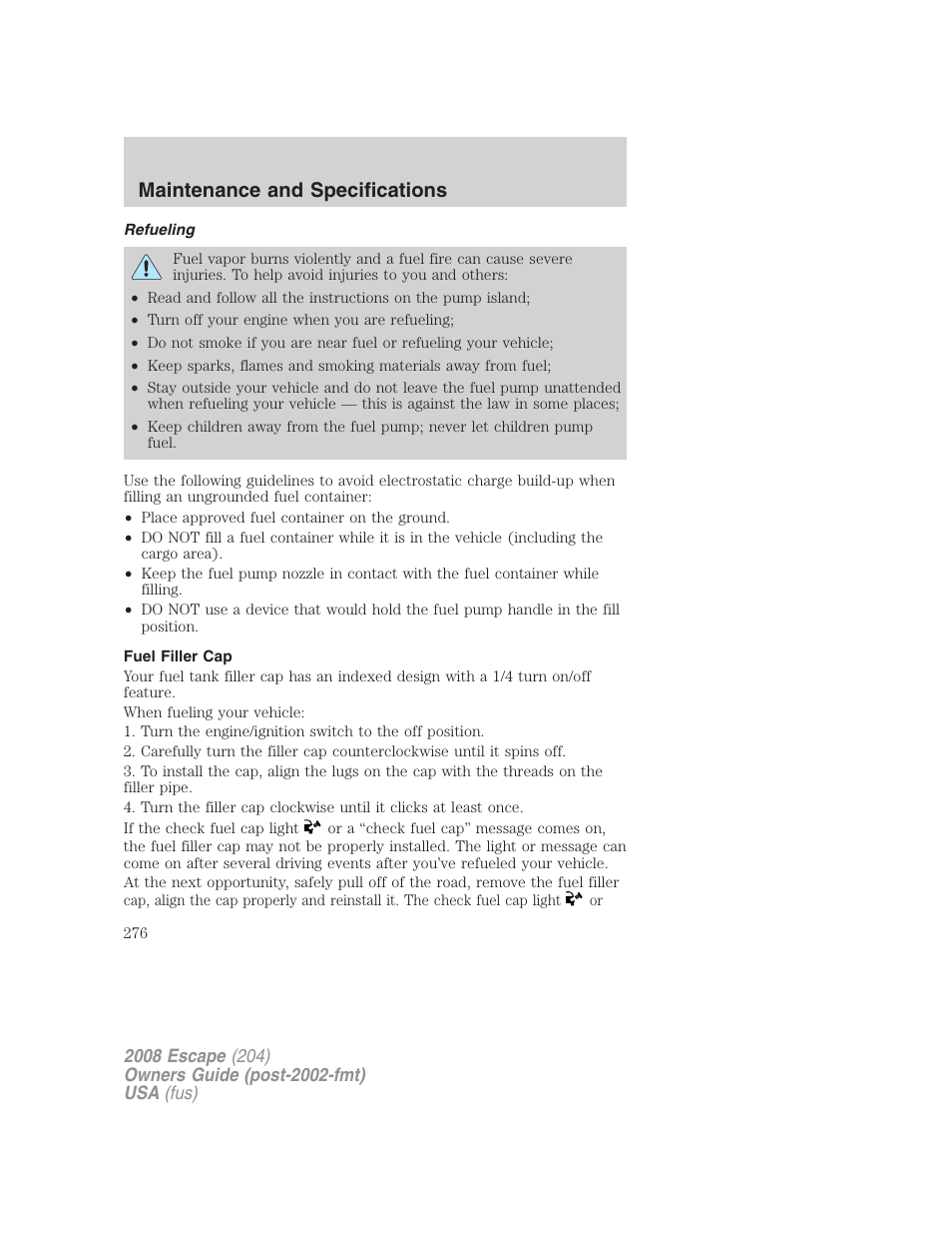 Refueling, Fuel filler cap, Maintenance and specifications | FORD 2008 Escape v.3 User Manual | Page 276 / 304