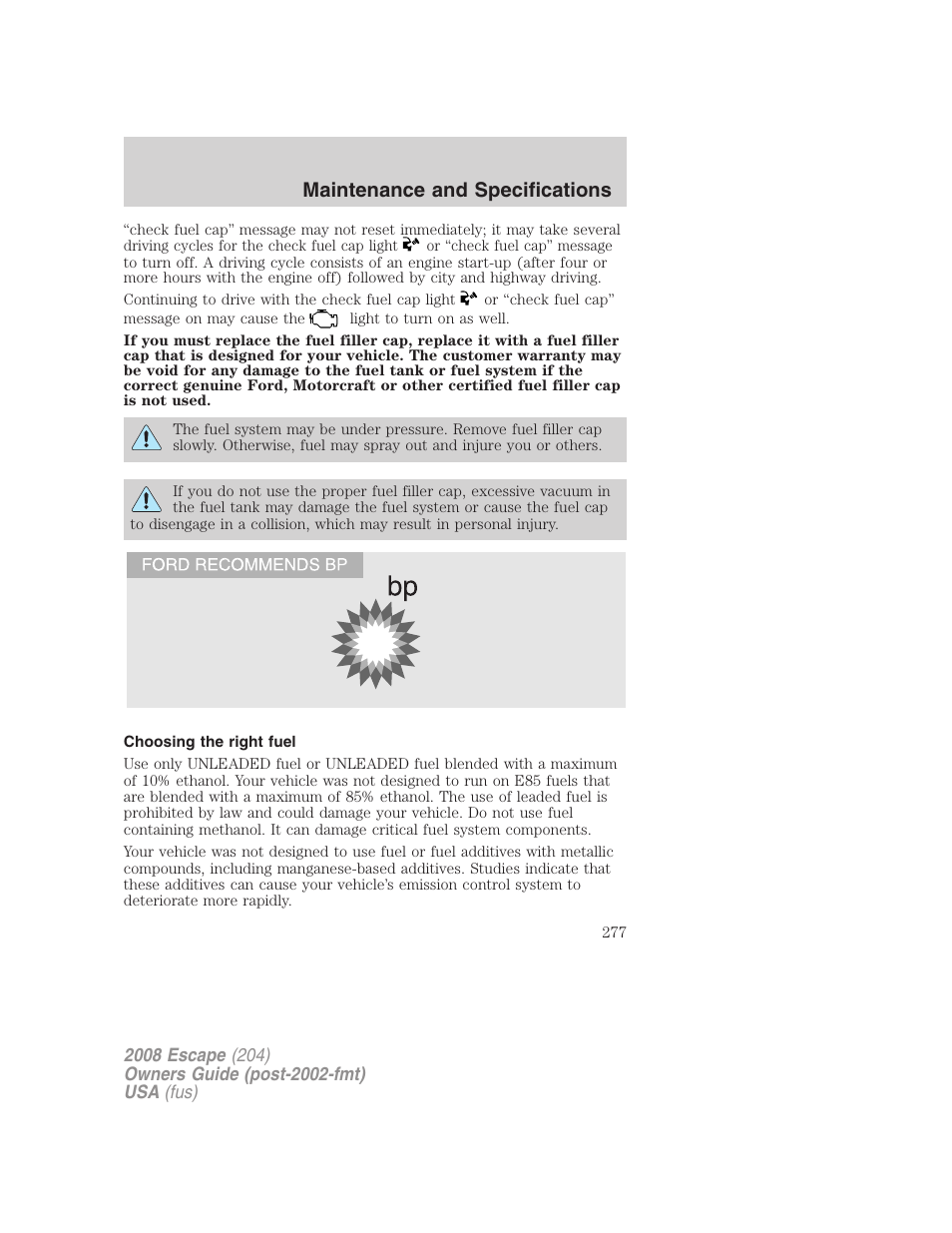 Choosing the right fuel, Maintenance and specifications | FORD 2008 Escape v.3 User Manual | Page 277 / 304