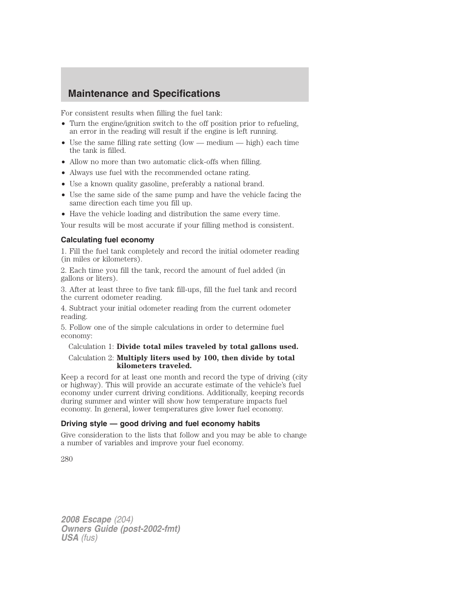 Calculating fuel economy, Maintenance and specifications | FORD 2008 Escape v.3 User Manual | Page 280 / 304