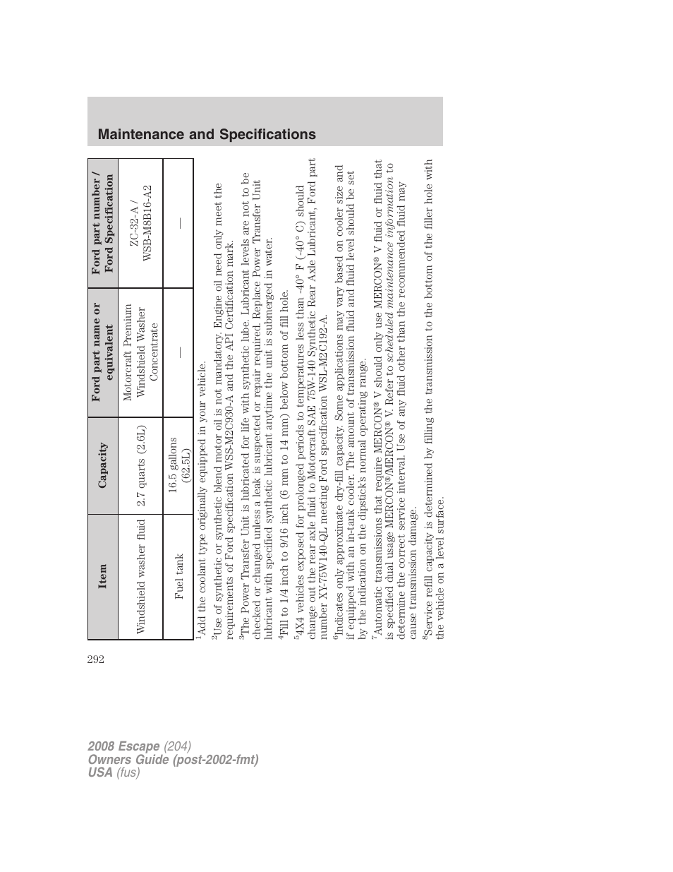 Maintenance and specifications | FORD 2008 Escape v.3 User Manual | Page 292 / 304