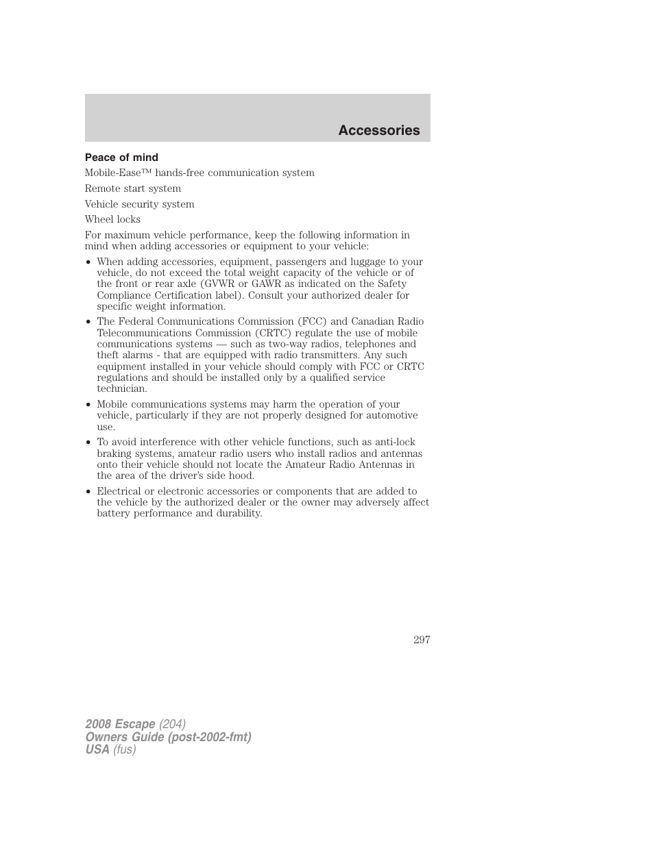 Peace of mind, Accessories | FORD 2008 Escape v.3 User Manual | Page 297 / 304