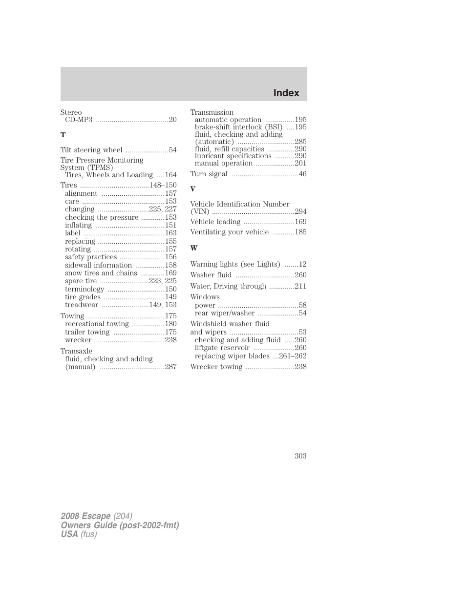 Index | FORD 2008 Escape v.3 User Manual | Page 303 / 304