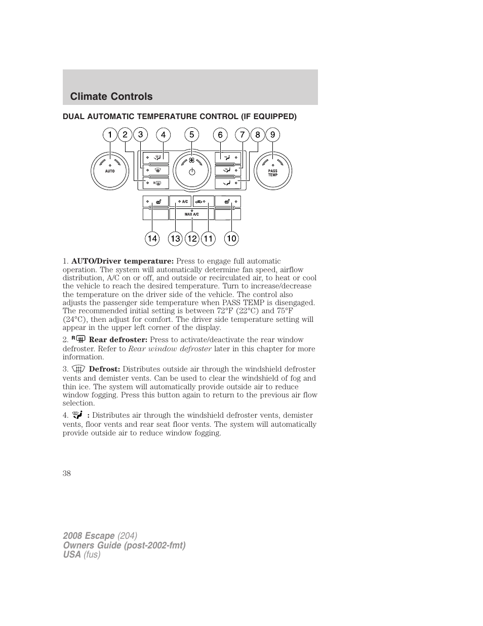 Dual automatic temperature control (if equipped), Dual automatic temperature control, Climate controls | FORD 2008 Escape v.3 User Manual | Page 38 / 304