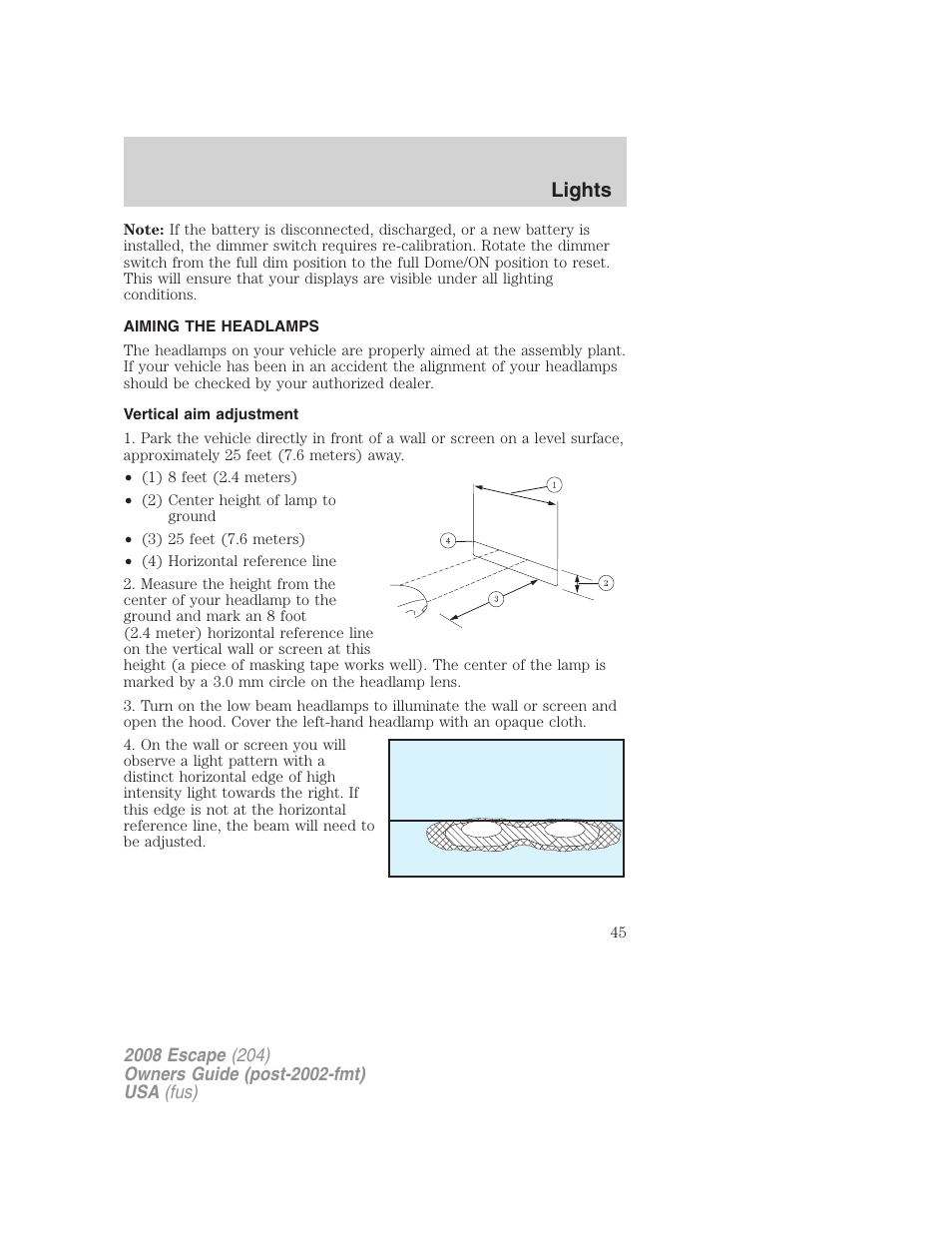 Aiming the headlamps, Vertical aim adjustment, Lights | FORD 2008 Escape v.3 User Manual | Page 45 / 304
