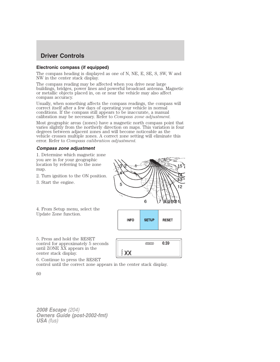 Electronic compass (if equipped), Compass zone adjustment, Driver controls | FORD 2008 Escape v.3 User Manual | Page 60 / 304