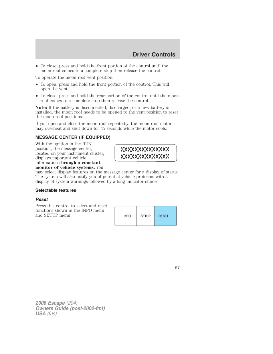 Message center (if equipped), Selectable features, Reset | Message center, Driver controls | FORD 2008 Escape v.3 User Manual | Page 67 / 304
