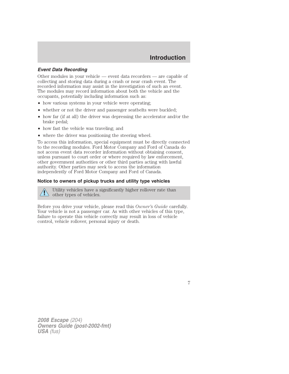 Event data recording, Introduction | FORD 2008 Escape v.3 User Manual | Page 7 / 304
