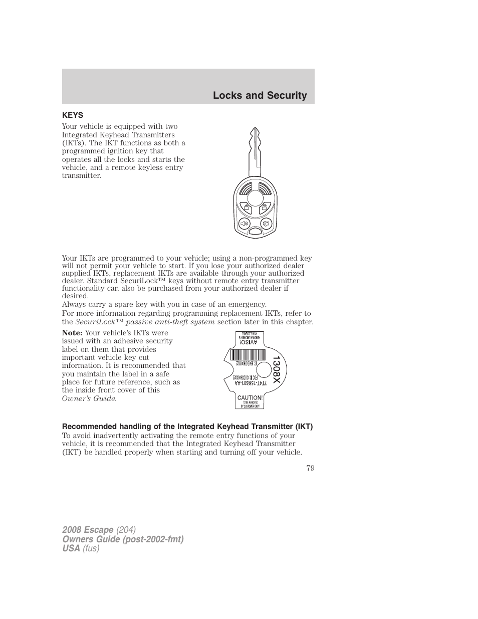 Locks and security, Keys | FORD 2008 Escape v.3 User Manual | Page 79 / 304