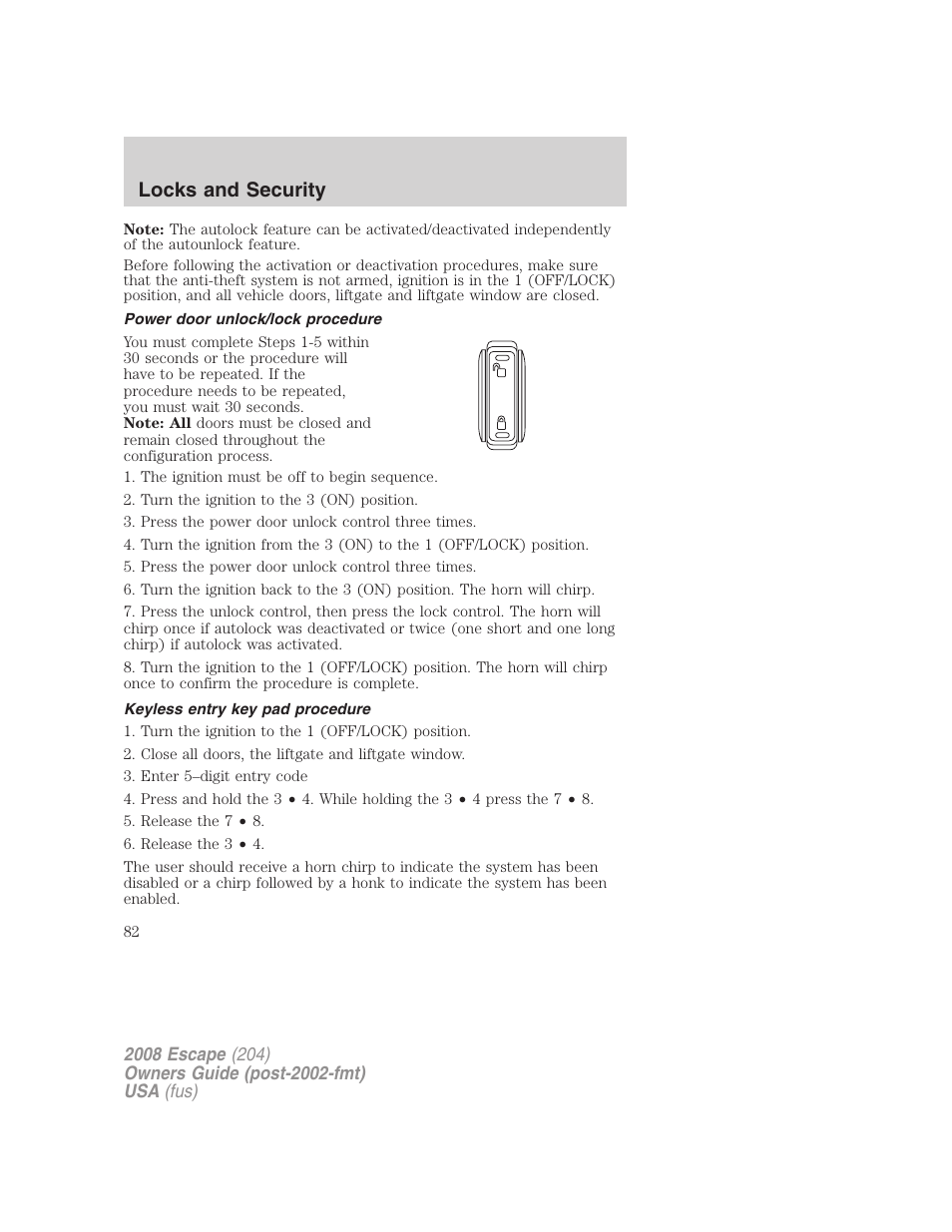 Power door unlock/lock procedure, Keyless entry key pad procedure, Locks and security | FORD 2008 Escape v.3 User Manual | Page 82 / 304