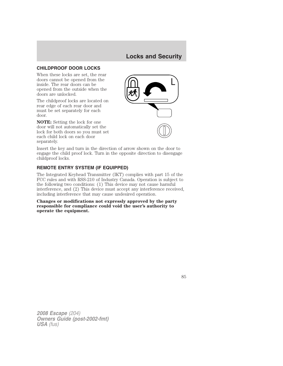 Childproof door locks, Remote entry system (if equipped), Locks and security | FORD 2008 Escape v.3 User Manual | Page 85 / 304