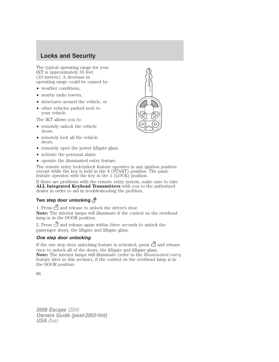 Two step door unlocking, One step door unlocking, Locks and security | FORD 2008 Escape v.3 User Manual | Page 86 / 304