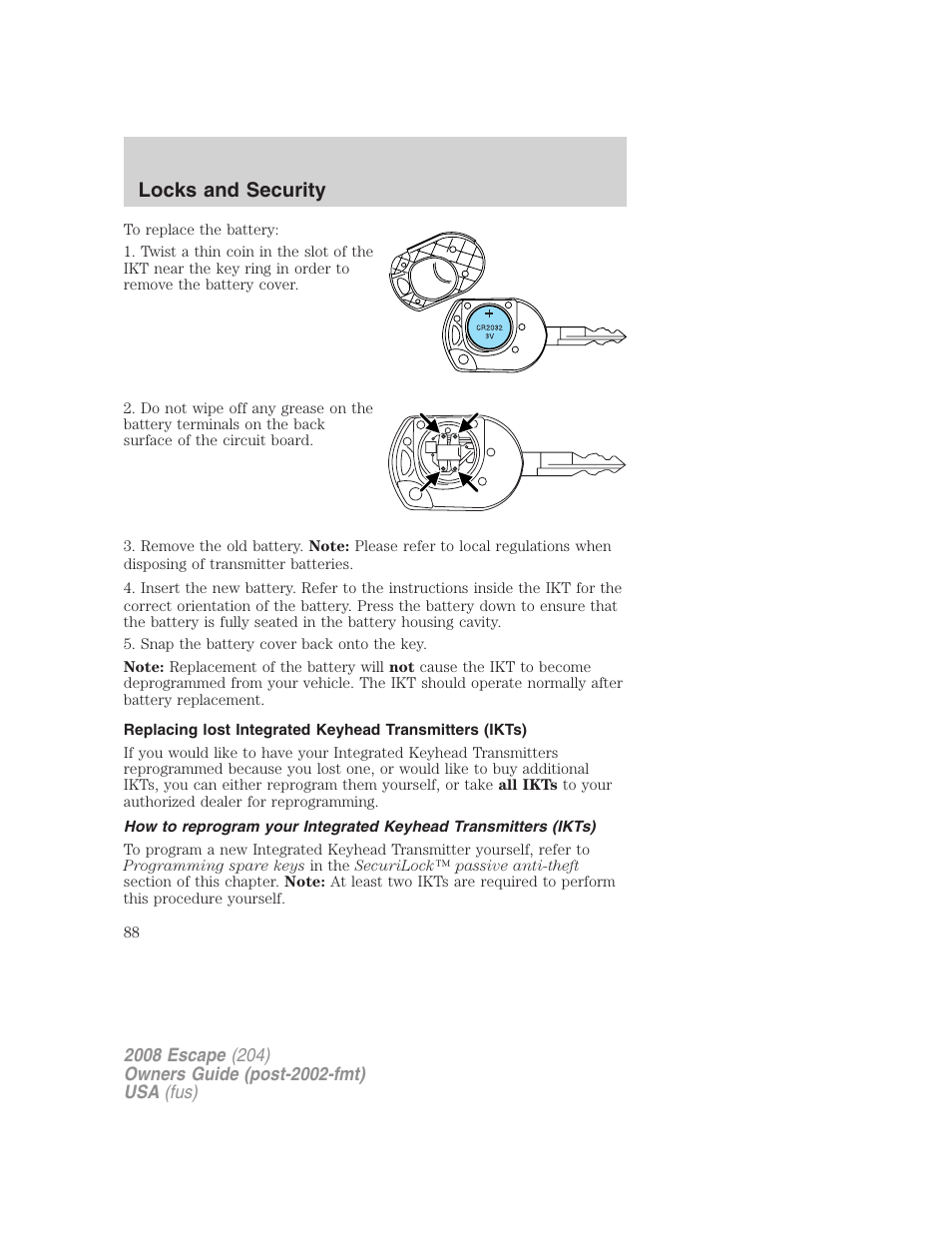 Locks and security | FORD 2008 Escape v.3 User Manual | Page 88 / 304