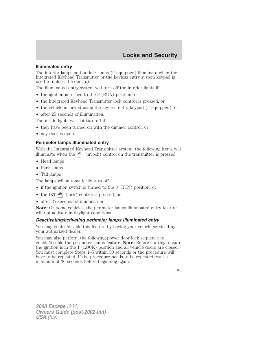Illuminated entry, Perimeter lamps illuminated entry, Locks and security | FORD 2008 Escape v.3 User Manual | Page 89 / 304