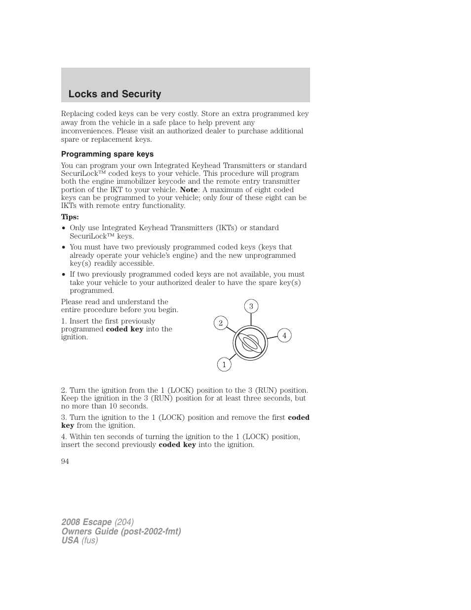 Programming spare keys, Locks and security | FORD 2008 Escape v.3 User Manual | Page 94 / 304