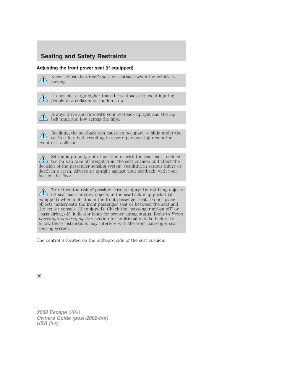 Adjusting the front power seat (if equipped), Seating and safety restraints | FORD 2008 Escape v.3 User Manual | Page 98 / 304