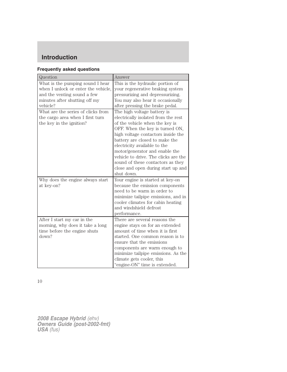 Frequently asked questions, Introduction | FORD 2008 Escape Hybrid v.1 User Manual | Page 10 / 312