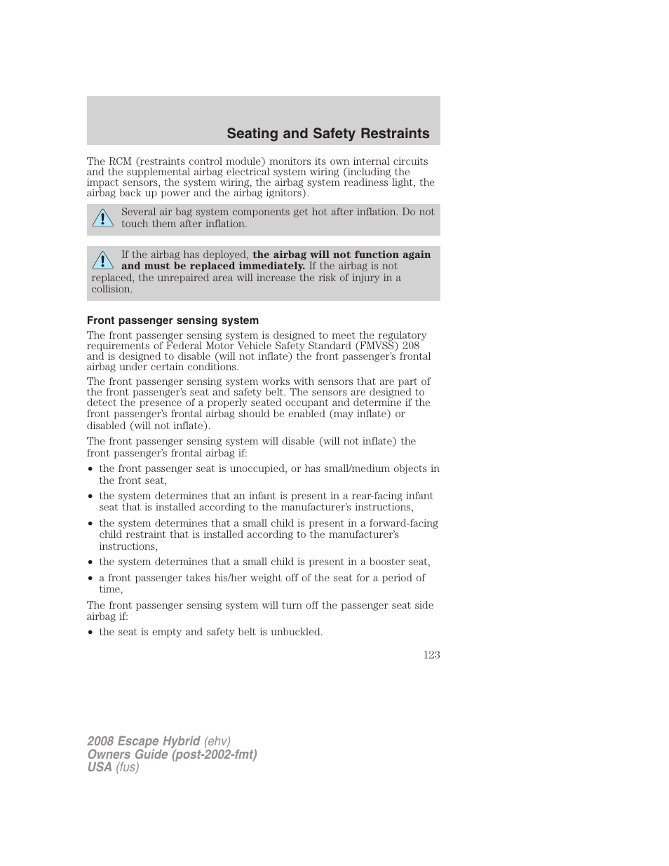 Front passenger sensing system, Seating and safety restraints | FORD 2008 Escape Hybrid v.1 User Manual | Page 123 / 312