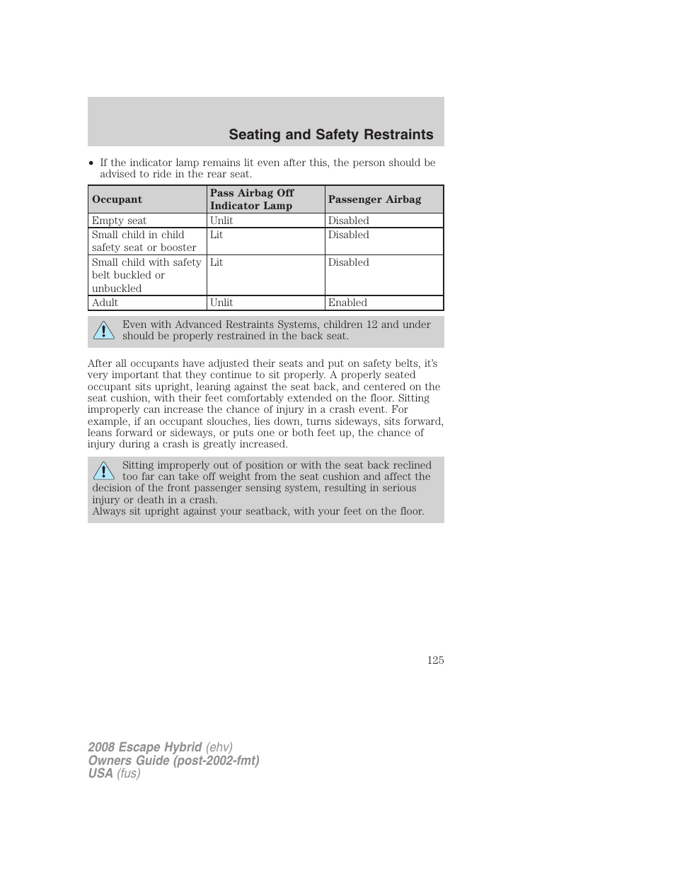 Seating and safety restraints | FORD 2008 Escape Hybrid v.1 User Manual | Page 125 / 312