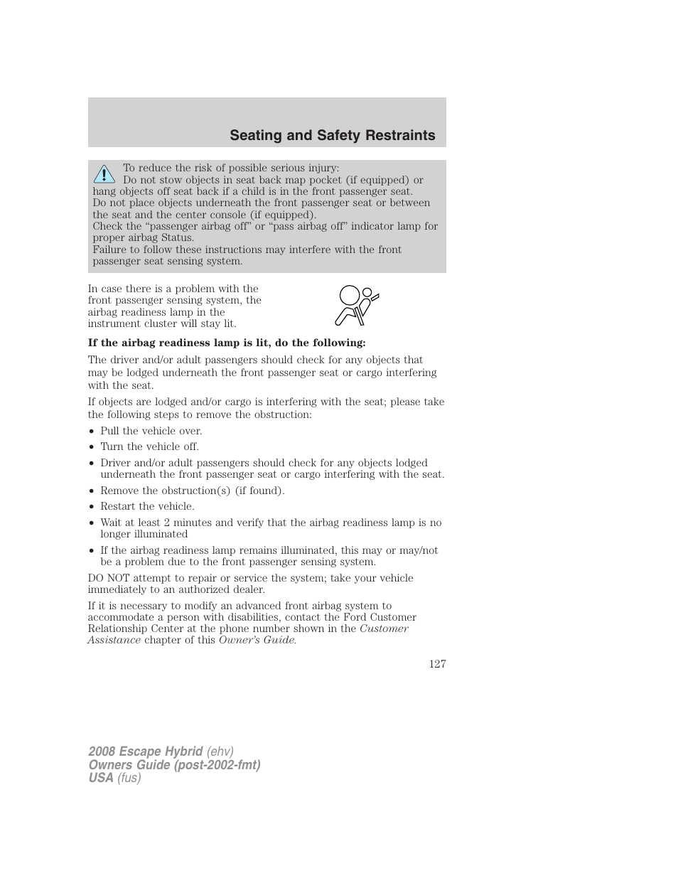 Seating and safety restraints | FORD 2008 Escape Hybrid v.1 User Manual | Page 127 / 312