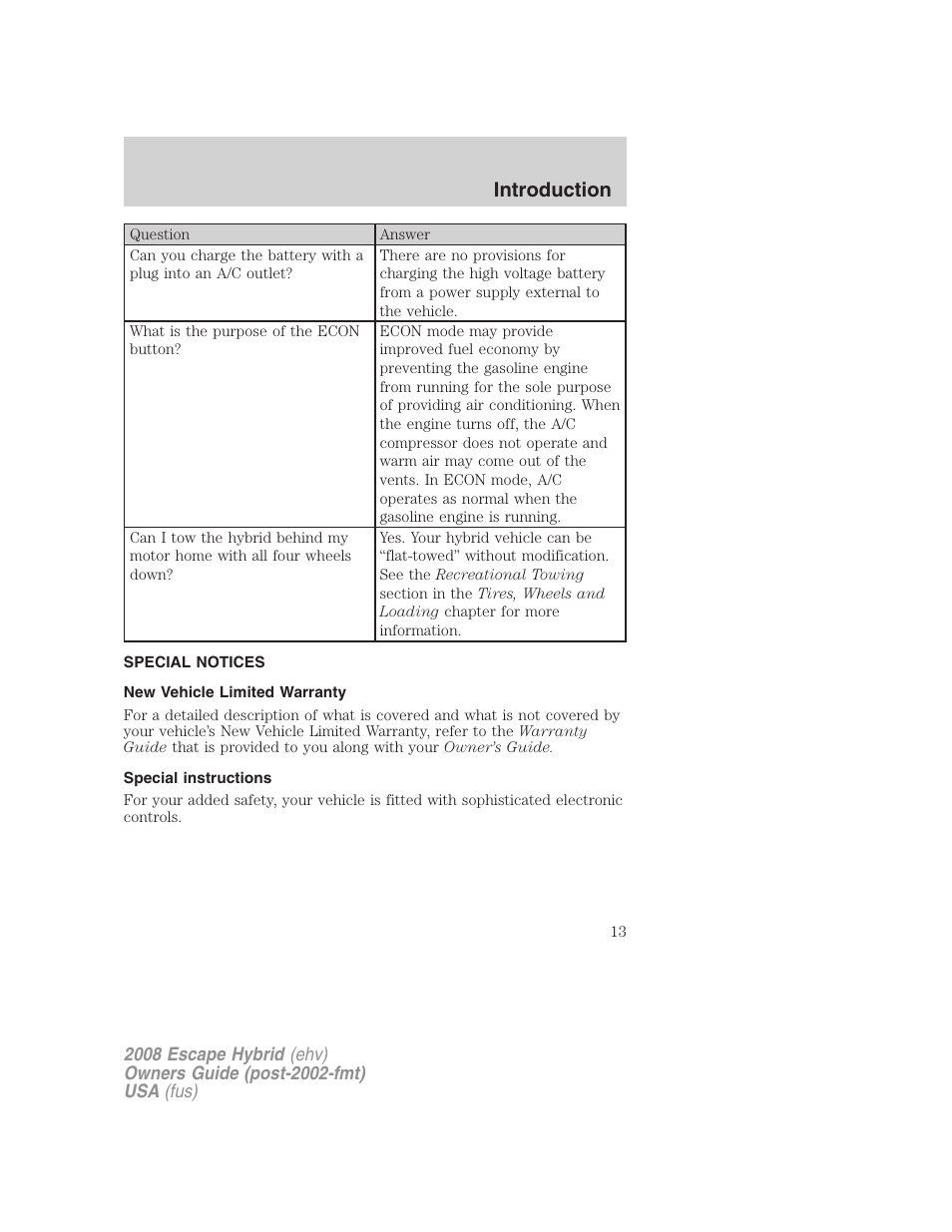 Special notices, New vehicle limited warranty, Special instructions | Introduction | FORD 2008 Escape Hybrid v.1 User Manual | Page 13 / 312