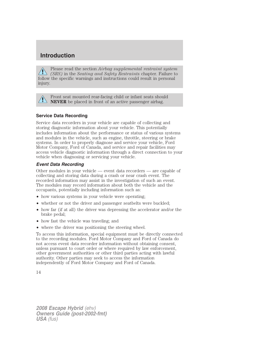 Service data recording, Event data recording, Introduction | FORD 2008 Escape Hybrid v.1 User Manual | Page 14 / 312