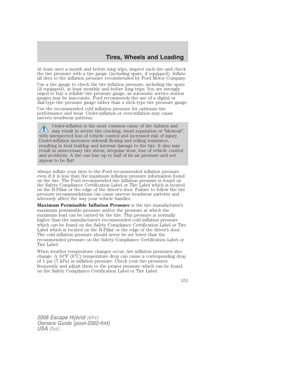 Tires, wheels and loading | FORD 2008 Escape Hybrid v.1 User Manual | Page 151 / 312