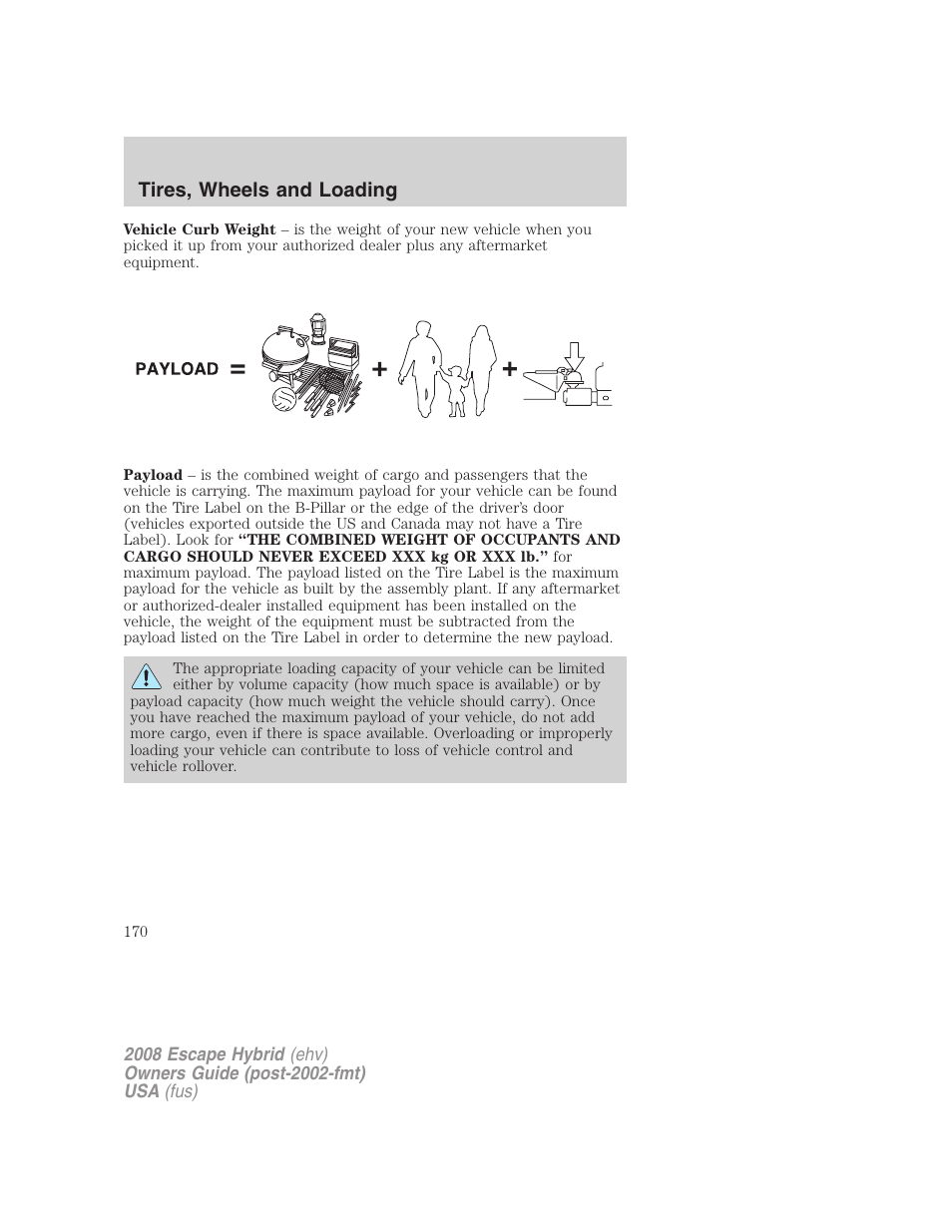 Tires, wheels and loading | FORD 2008 Escape Hybrid v.1 User Manual | Page 170 / 312