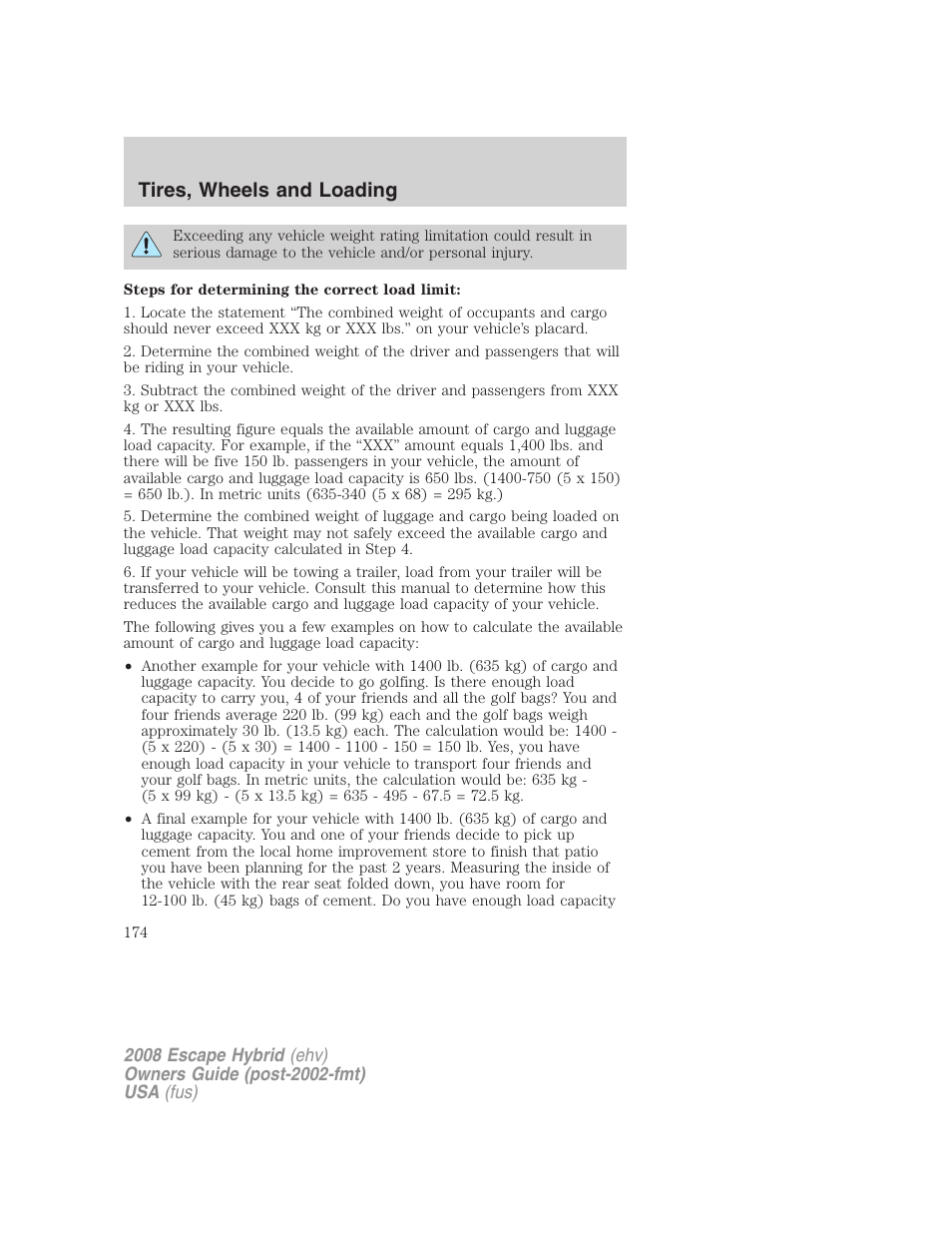 Tires, wheels and loading | FORD 2008 Escape Hybrid v.1 User Manual | Page 174 / 312