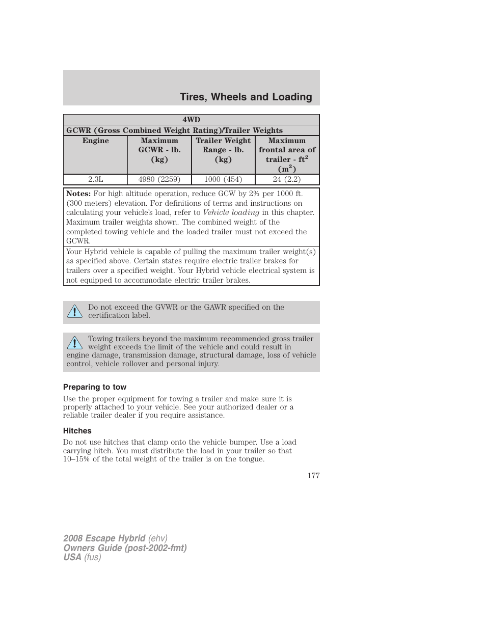 Preparing to tow, Hitches, Tires, wheels and loading | FORD 2008 Escape Hybrid v.1 User Manual | Page 177 / 312