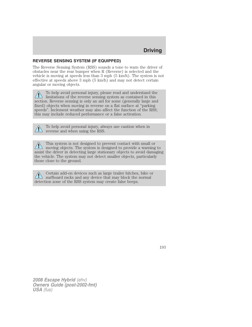 Reverse sensing system (if equipped), Driving | FORD 2008 Escape Hybrid v.1 User Manual | Page 193 / 312