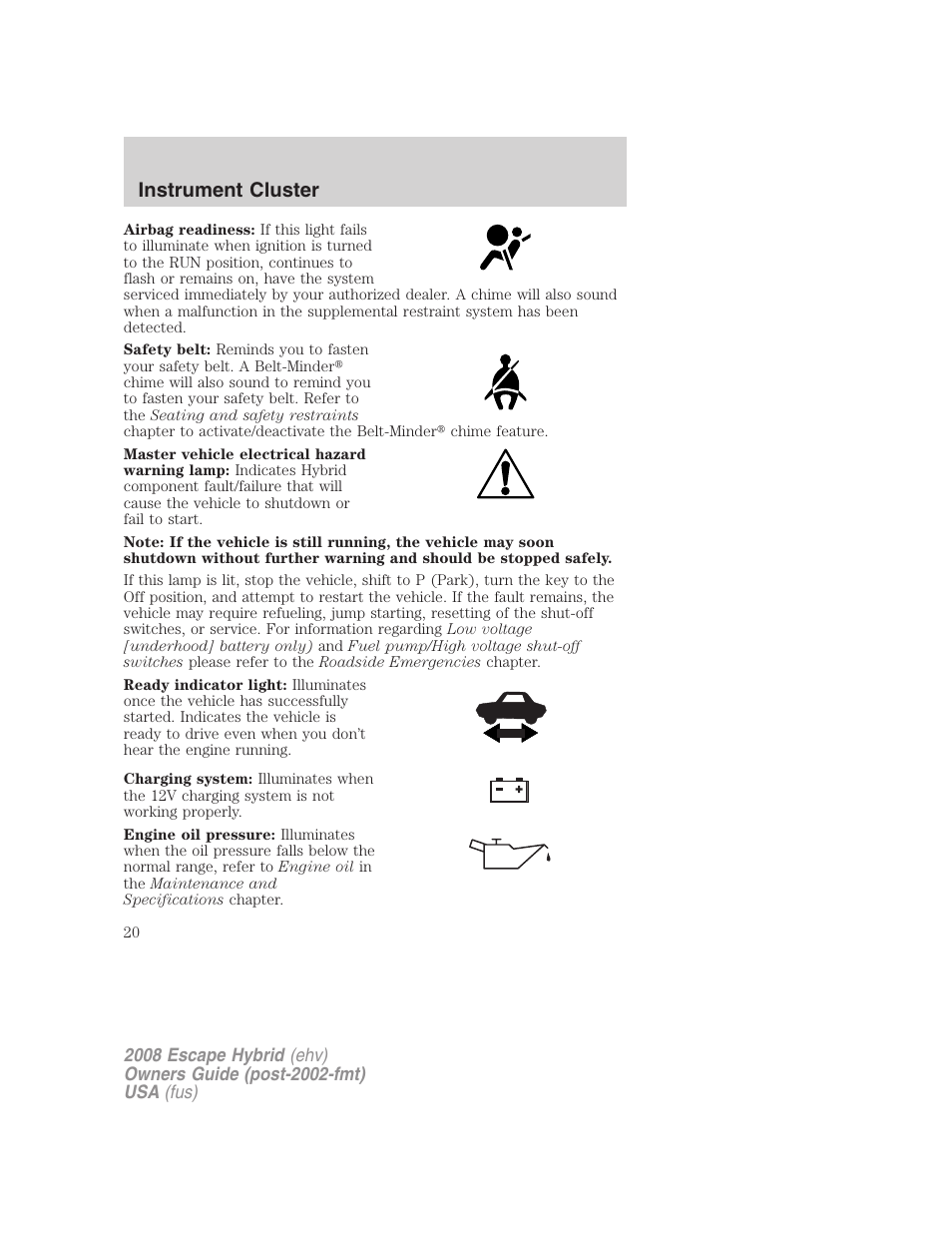 Instrument cluster | FORD 2008 Escape Hybrid v.1 User Manual | Page 20 / 312