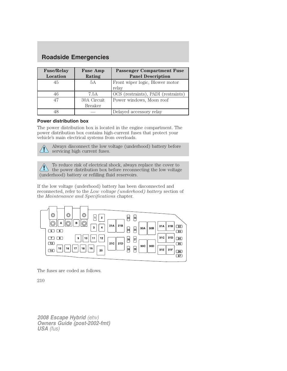 Power distribution box, Roadside emergencies | FORD 2008 Escape Hybrid v.1 User Manual | Page 210 / 312