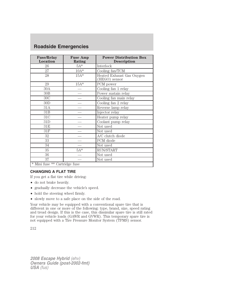 Changing a flat tire, Changing tires, Roadside emergencies | FORD 2008 Escape Hybrid v.1 User Manual | Page 212 / 312