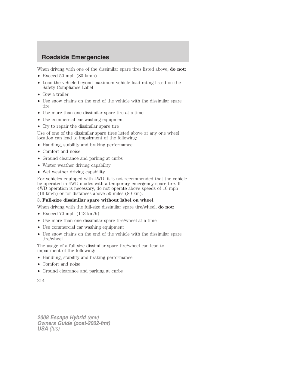 Roadside emergencies | FORD 2008 Escape Hybrid v.1 User Manual | Page 214 / 312