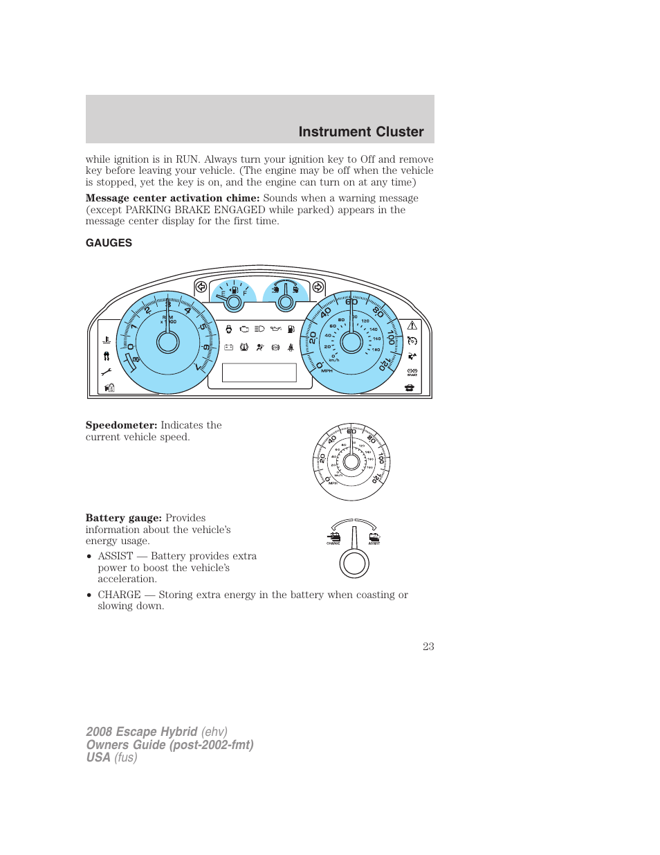 Gauges, Instrument cluster | FORD 2008 Escape Hybrid v.1 User Manual | Page 23 / 312