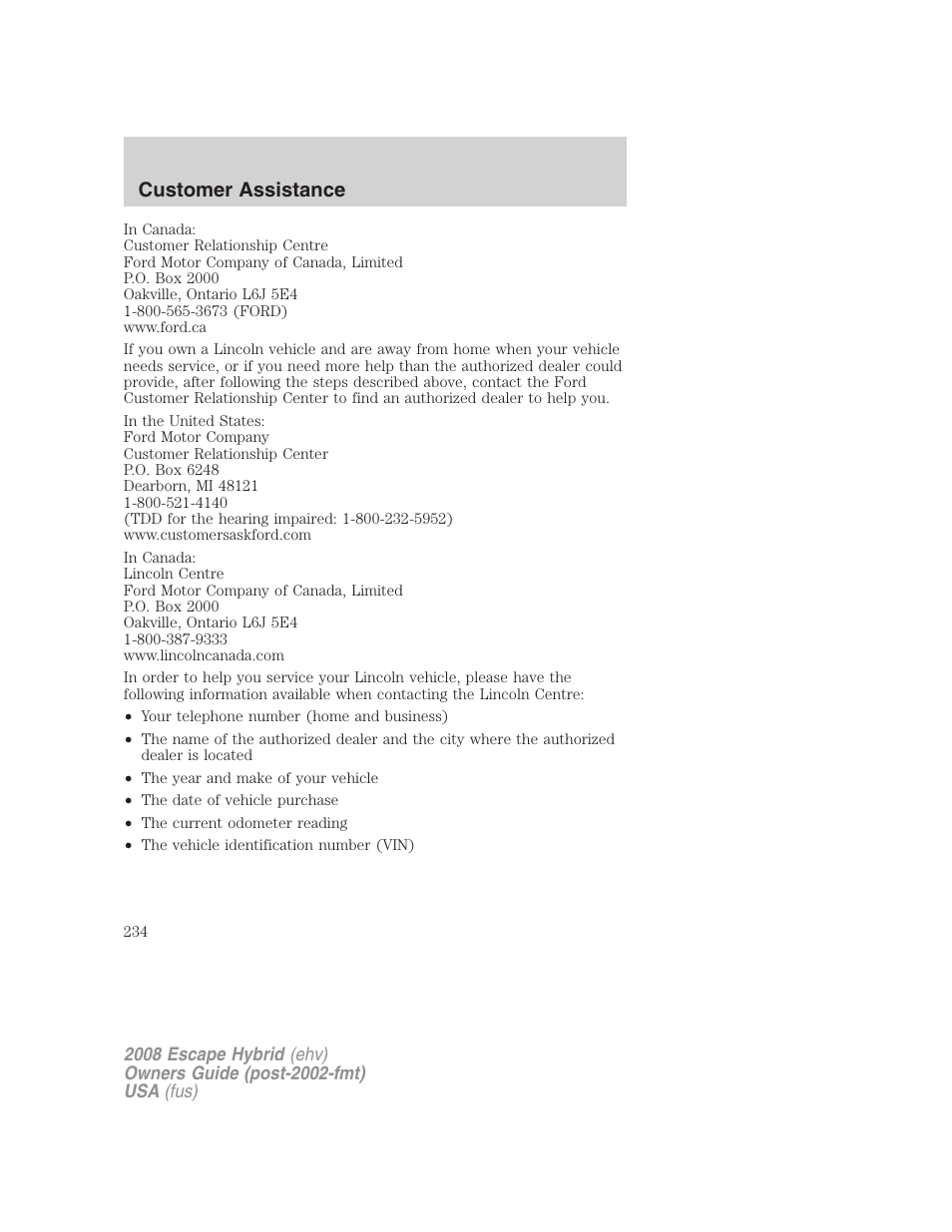 Customer assistance | FORD 2008 Escape Hybrid v.1 User Manual | Page 234 / 312