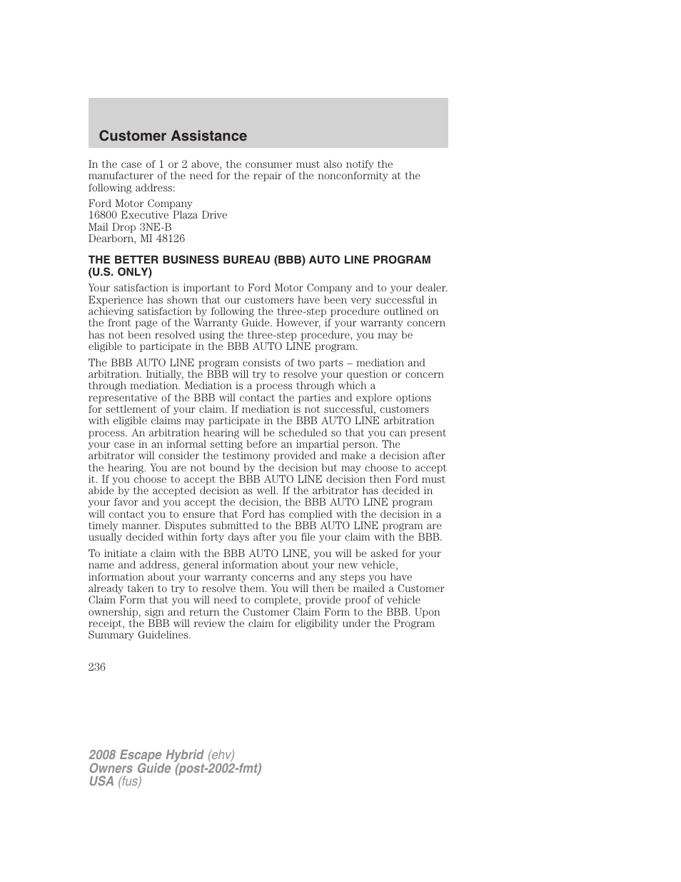 Customer assistance | FORD 2008 Escape Hybrid v.1 User Manual | Page 236 / 312