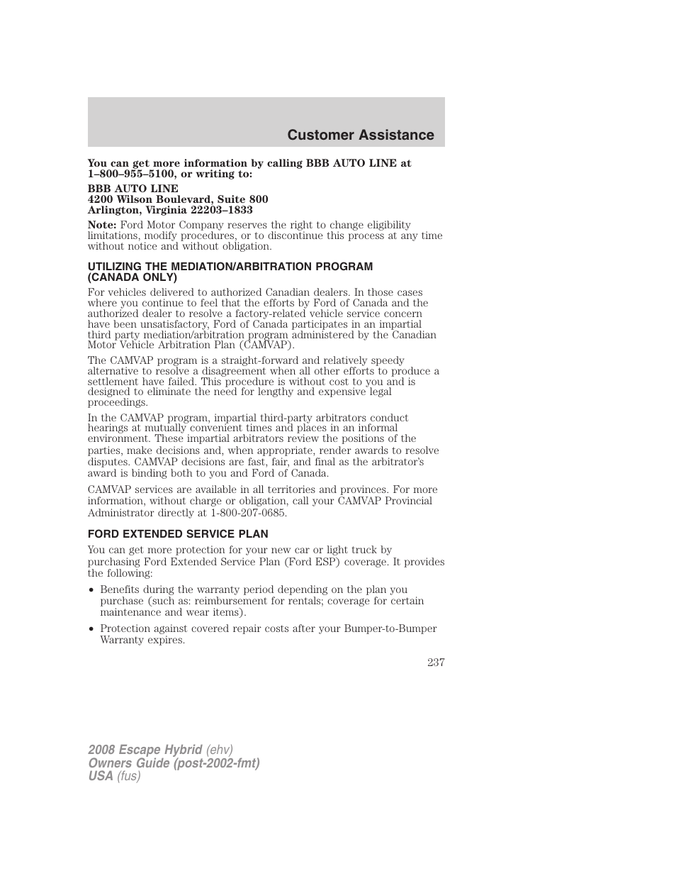 Ford extended service plan, Customer assistance | FORD 2008 Escape Hybrid v.1 User Manual | Page 237 / 312